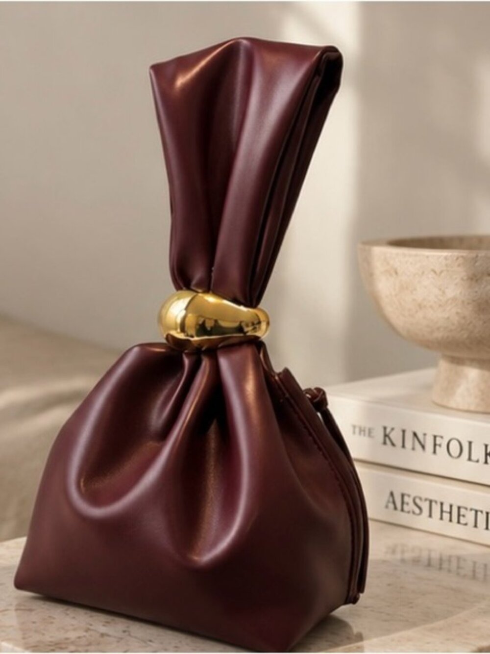 Burgundy Knot-Handle Mini Bag with Gold Accent